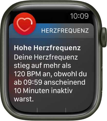 Eine Warnung der App „Herzfrequenz“ über eine hohe Herzfrequenz.