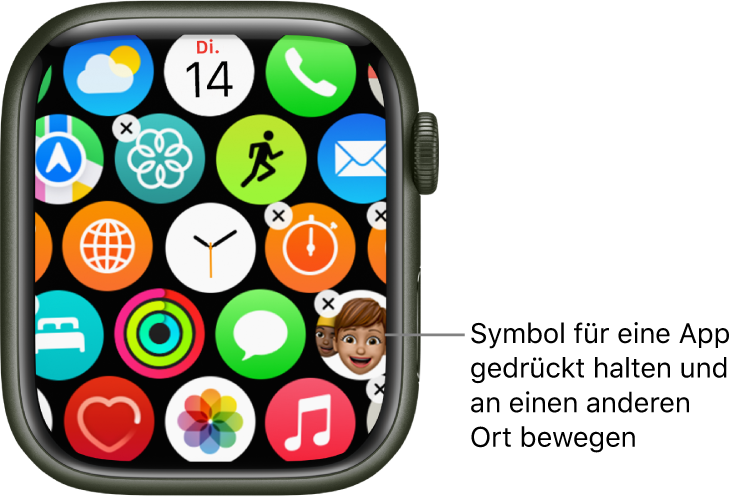 Home-Bildschirm auf der Apple Watch in der Rasterdarstellung.