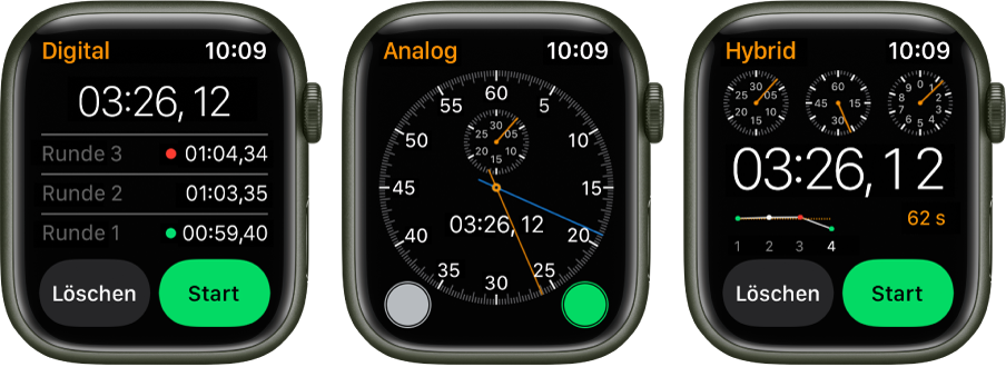 Drei verschiedene Stoppuhren in der App „Stoppuhr“: Eine digitale Stoppuhr mit einem Rundenzähler, eine analoge Stoppuhr und eine hybride Stoppuhr, die die Zeit sowohl in analoger als auch in digitaler Form zeigt. Jede der Stoppuhren verfügt über eine Taste zum Starten und zum Zurücksetzen.