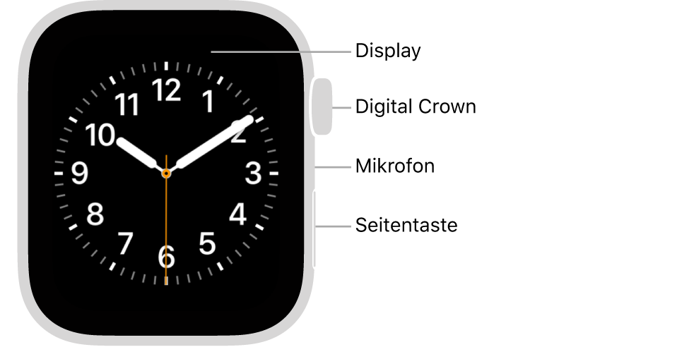 Die Vorderseite Apple Watch Series 6 mit einem Zifferblatt auf dem Display; an der Seite sind von oben nach unten die Digital Crown, das Mikrofon und die Seitentaste zu sehen.