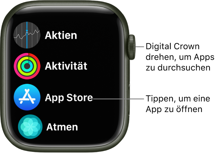 Home-Bildschirm in der Listendarstellung auf der Apple Watch mit Apps in einer Liste. Tippe auf eine App, um sie zu öffnen. Scrolle, um mehr Apps anzuzeigen.