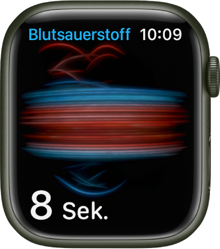 Die Anzeige „Blutsauerstoff“ mit einer Messung und einem Countdown, der bei 8 Sekunden beginnt.