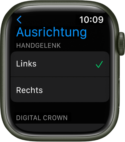 Die Anzeige „Ausrichtung“ auf der Apple Watch. Du kannst die Einstellungen für Handgelenk und Digital Crown ändern.