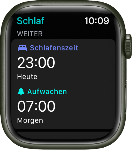 Die App „Schlaf“ auf der Apple Watch mit dem Schlafplan für den Abend. Oben wird „Schlafenszeit“ angezeigt, darunter befindet sich „Aufwecken“.