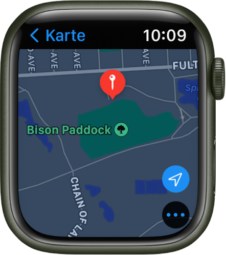 Die App „Karten“ mit einer Karte, auf der eine rote Stecknadel platziert wurde, die verwendet werden kann, um die ungefähre Adresse eines Punktes auf der Karte herauszufinden, oder als Ziel einer Route.