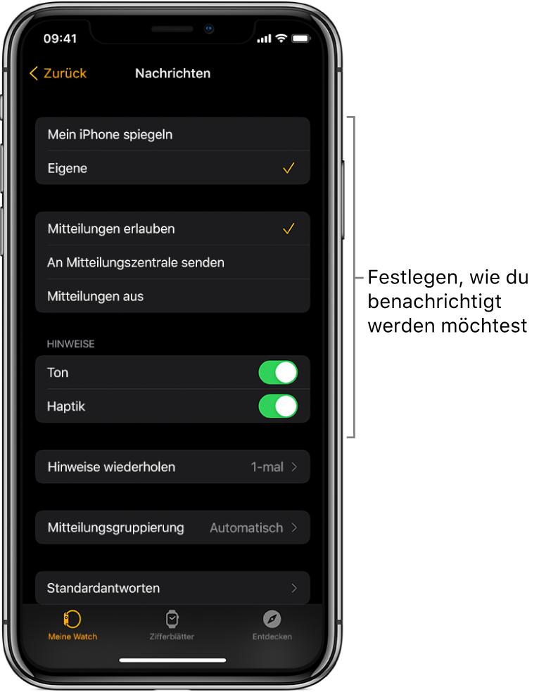 Einstellungen für „Nachrichten“ in der Apple Watch-App auf dem iPhone. Du kannst auswählen, ob Hinweise angezeigt werden sollen sowie den Ton oder die Haptik aktivieren und Hinweise wiederholen lassen.