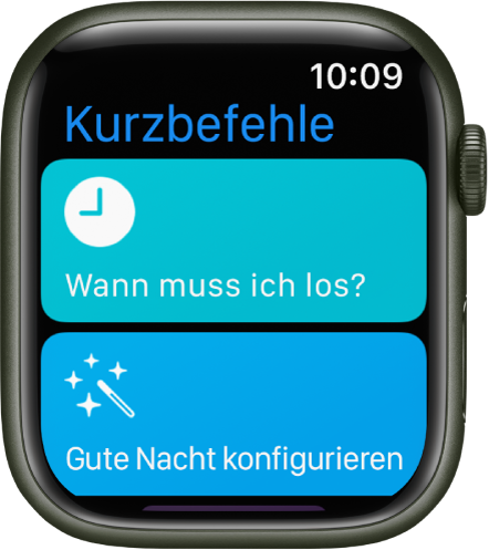 Die App „Kurzbefehle“ auf der Apple Watch zeigt zwei Kurzbefehle – „Wann muss ich los?“ und „Gute Nacht“.