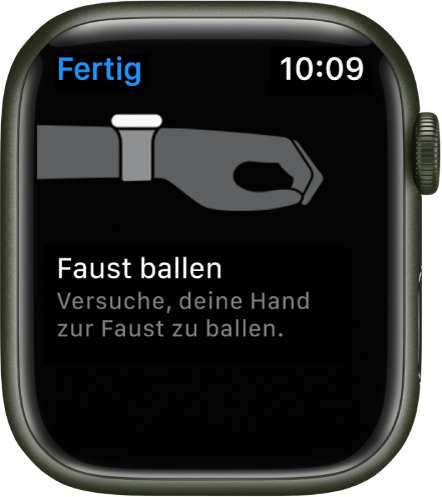 Eine Anzeige der Funktion „AssistiveTouch“ zum Ausprobieren von Gesten. Die Geste „Faust ballen“ wird anhand der Abbildung einer geballten Faust gezeigt.