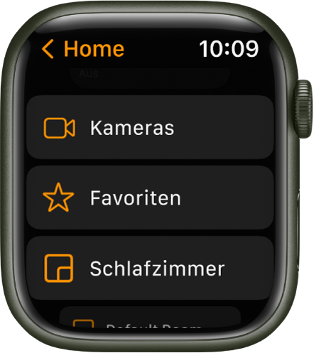 Die App „Home“ mit einer Liste, die Tasten für Kameras, Favoriten und Räume enthält.