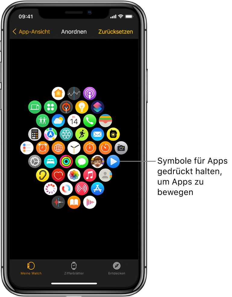 Die Anzeige „Apps anordnen“ der Apple Watch-App mit in einem Raster angeordneten Apps.