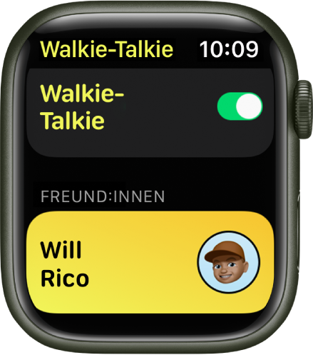 Die App „Walkie-Talkie“ mit dem Schalter „Walkie-Talkie“ oben und einer eingeladenen Person unten.