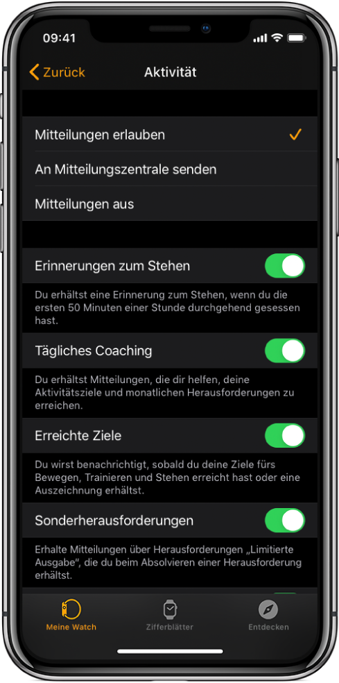Der Aktivitätsbildschirm in der Apple Watch-App, in dem du die Mitteilungen, die du erhältst, anpassen kannst.