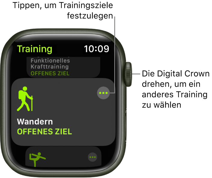 Die App „Training“ mit hervorgehobenem Wandertraining. Die Taste „Mehr“ befindet sich oben rechts. Ein Teil des Outdoor-Lauftrainings darunter.