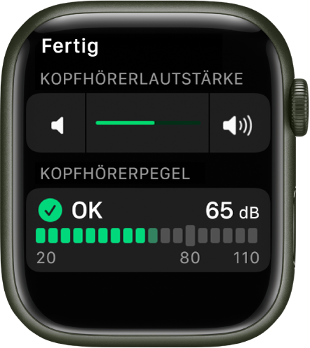 Die Anzeige „Kopfhörerlautstärke“: Oben befindet sich ein Lautstärkeregler und darunter ein Pegelmesser, auf dem die aktuelle Lautstärke der Kopfhörer angezeigt wird. Die Lautstärke beträgt 65 dB und ist mit „OK“ markiert.