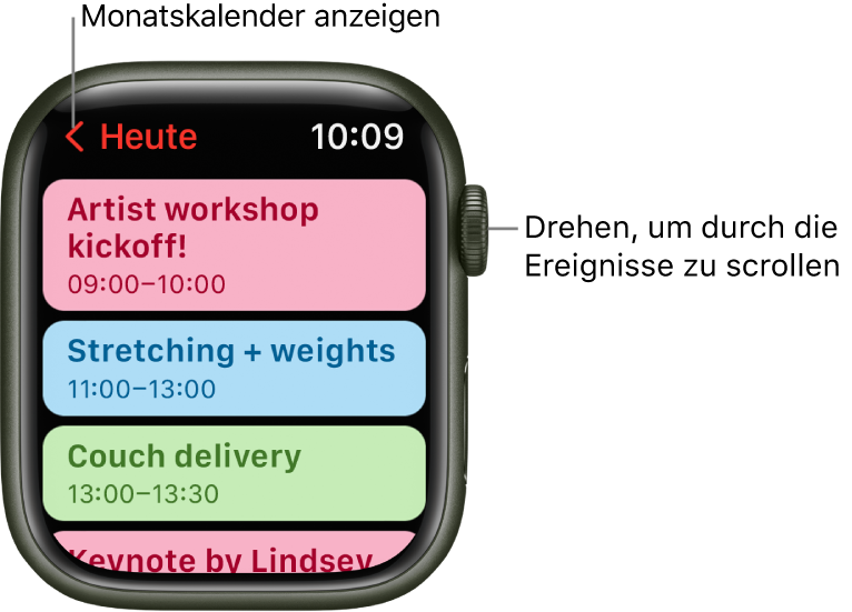 App „Kalender“ mit der Ereignisliste für den Tag.