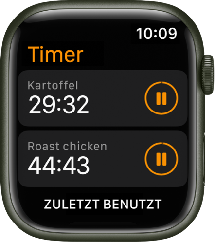 Zwei Timer in der App „Timer“. Jeder Timer zeigt die verbleibende Zeit unter dem Namen des Timers sowie rechts neben dem Timer eine Pausetaste. Unten befindet sich die Taste „Verlauf“.