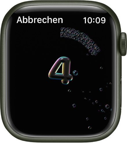 Die Anzeige „Händewaschen“ mit einem Countdown beginnend mit 4. Unten auf dem Display wird der Text „Fast fertig“ angezeigt.