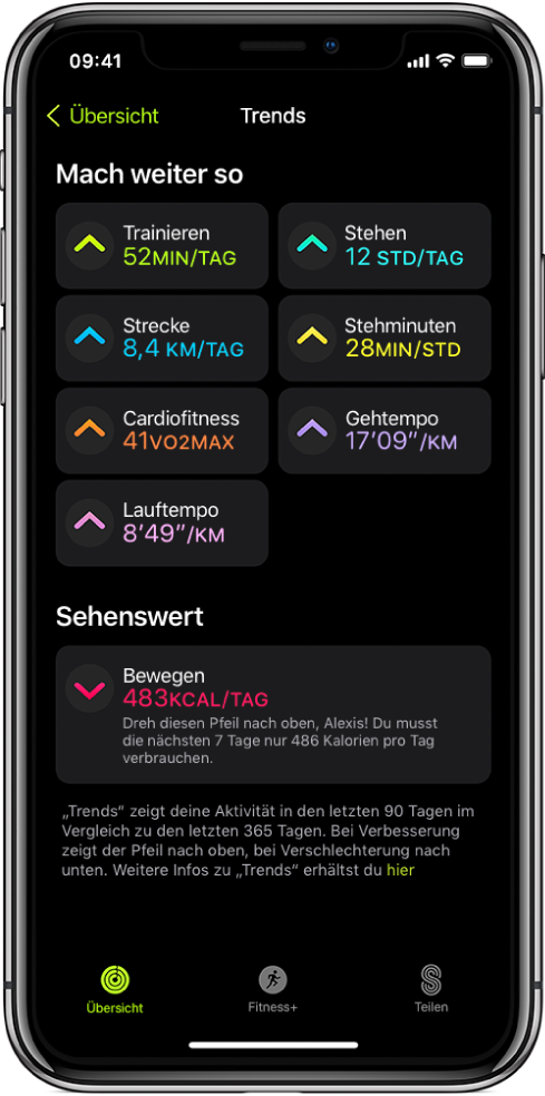 Der Tab „Trends“ in der App „Aktivität“ auf dem iPhone. Unter der Überschrift „Trends“ wird oben auf dem Display eine Reihe von Messwerten angezeigt. Zu den Messwerten gehören unter anderem „Trainieren“, „Stehen“ und „Strecke“. Unter der Überschrift „Sehenswert“ wird „Bewegen“ angezeigt.