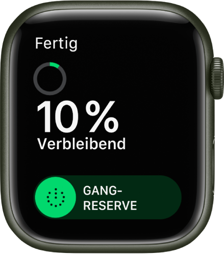 Die Anzeige „Gangreserve“ mit der Taste „Fertig“ oben links, der verbleibenden Batterieladung in Prozent und dem Regler „Gangreserve“.