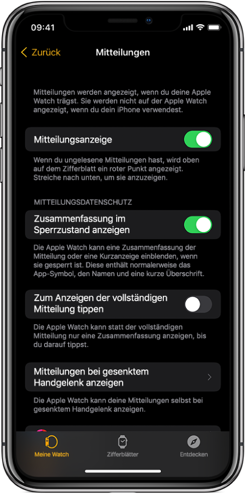 Die Anzeige „Mitteilungen“ in der Apple Watch-App auf dem iPhone mit verschiedenen Quellen für Mitteilungen.