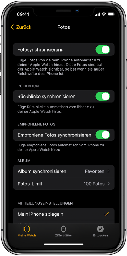 Einstellungen für „Fotos“ in der Apple Watch-App auf dem iPhone mit der Einstellung „Fotosync“ in der Mitte und der Einstellung „Fotos-Limit“ darunter.