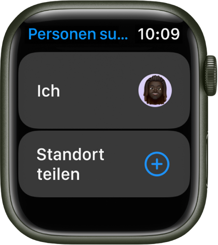 Die App „Personen suchen“ mit Einträgen für dich und einer Taste „Standort teilen“.