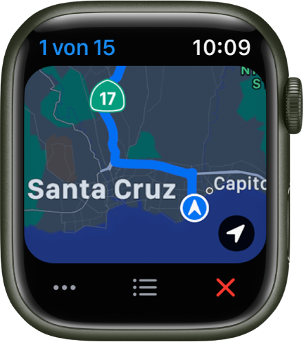 Die App „Karten“ zeigt eine Übersichtskarte für deine Reise. Unten befinden sich die Tasten „Mehr“, „Liste“ und „Beenden“.