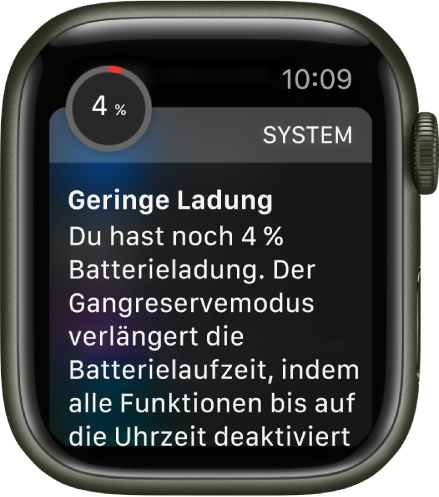 Der Warnhinweis für den niedrigen Ladezustand enthält eine Taste, auf die du tippen kannst, um den Gangreservemodus zu aktivieren.