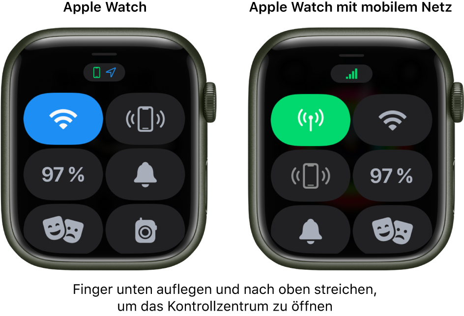 Zwei Bilder: Apple Watch ohne Mobilfunk links mit geöffnetem Kontrollzentrum. Die Taste „WLAN“ befindet sich oben links, die Taste „iPhone anpingen“ oben rechts, die Taste für den Batteriestatus in der Mitte links, die Taste „Stummmodus“ in der Mitte rechts, die Taste „Theatermodus“ unten links und die Taste „Walkie-Talkie“ unten rechts. Das rechte Bild zeigt eine Apple Watch mit Mobilfunk. Im Kontrollzentrum siehst du die Taste „Mobilfunk“ oben links, die Taste „WLAN“ oben rechts, die Taste „iPhone anpingen“ in der Mitte links, die Taste für den Batteriestatus in der Mitte rechts, die Taste „Stummmodus“ unten links und die Taste „Theatermodus“ unten rechts.