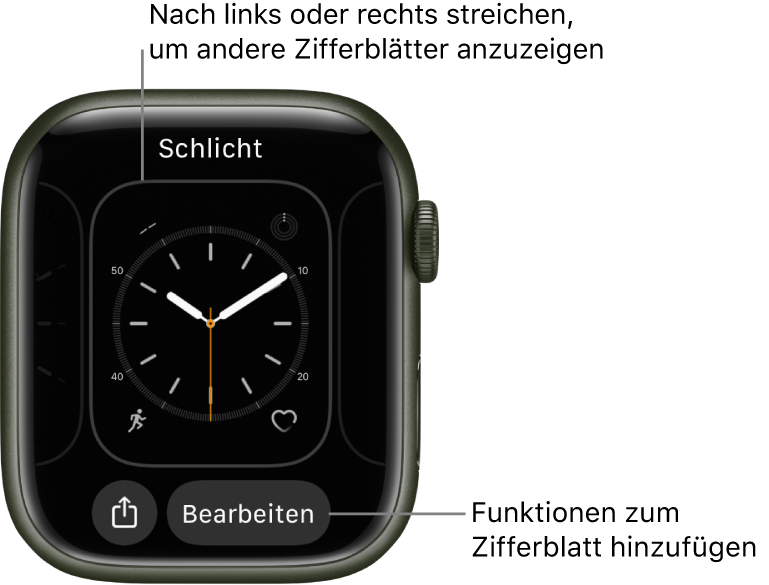 Wenn du den Finger auf das Zifferblatt legst, wird das aktuelle Zifferblatt mit den Tasten „Teilen“ und „Bearbeiten“ angezeigt. Der Name des Zifferblatts befindet sich oben. Streiche nach links oder rechts, um andere Zifferblattoptionen anzuzeigen. Tippe auf eine Komplikation, um die gewünschten Funktionen hinzuzufügen.