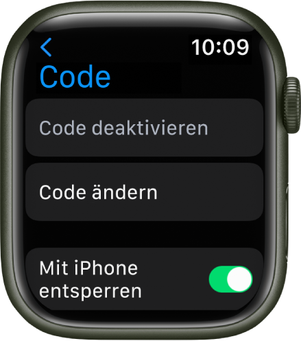 Codeeinstellungen auf der Apple Watch, oben die Taste „Code deaktivieren“, darunter „Code ändern“ und unten „Mit iPhone entsperren“.