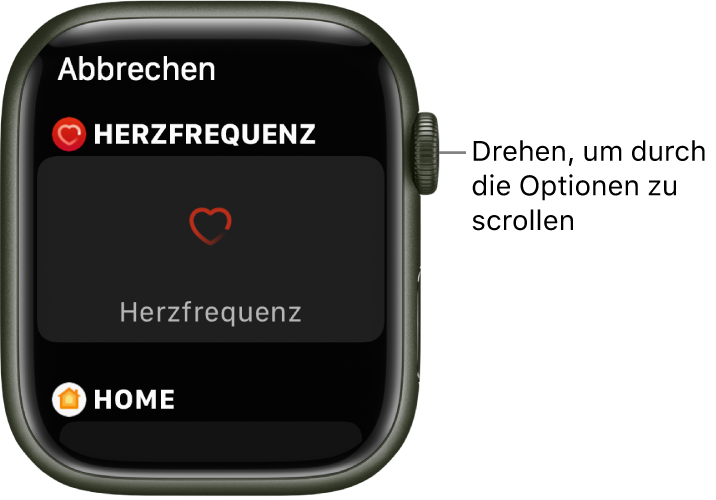 Die Anzeige zum Anpassen eines Zifferblatts mit hervorgehobener Komplikation „Herzfrequenz“. Drehe die Digital Crown, um dir die Komplikationen anzusehen.