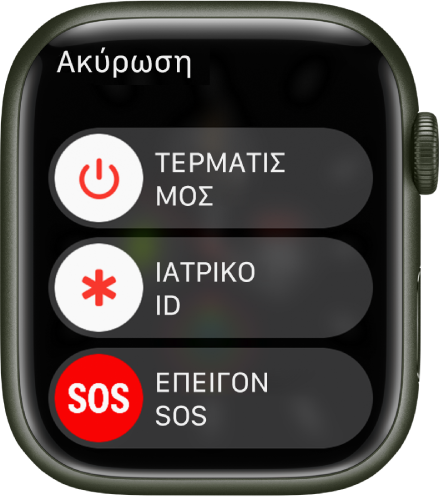 Στην οθόνη του Apple Watch εμφανίζονται τρία ρυθμιστικά: Απενεργοποίηση, Ιατρικό ID, και Επείγον SOS. Σύρετε το ρυθμιστικό «Απενεργοποίηση» για να απενεργοποιήσετε το Apple Watch.