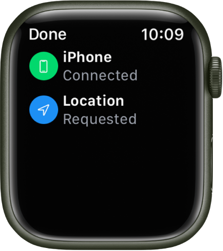 Status details showing that iPhone is connected and the watch’s location has been requested.
