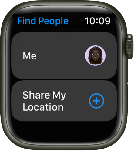 The Find People app showing entries for you and a Share My Location button.