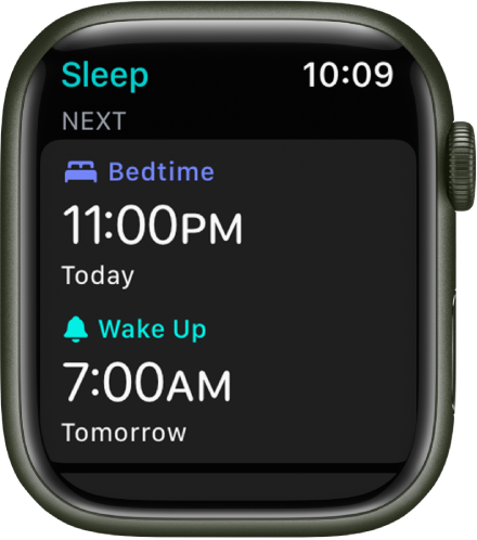 The Sleep app on Apple Watch showing the evening’s sleep schedule. Bedtime appears at the top, and Wake Up time is below it.