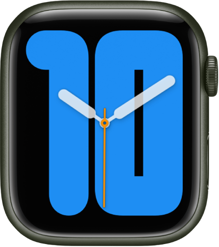 Numerals Mono watch face showing analog hands over a large number, indicating the hour.