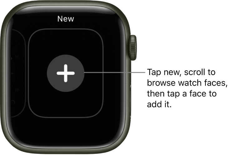 New watch face screen, with a plus button in the middle. Tap to add a new watch face.