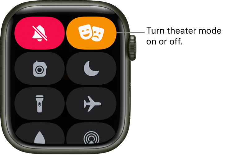 Control Center with theater mode and silent mode buttons highlighted to show theater mode is on.