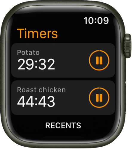Two timers in the Timers app. Each timer shows the remaining time below the timer’s name and a pause button to the right. A Recents button is at the bottom of the screen.