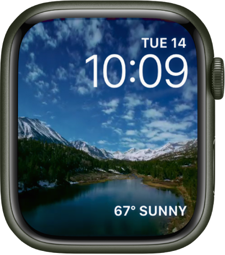 The Timelapse watch face shows timelapse video of a scenic locale. At the bottom is the Weather complication.