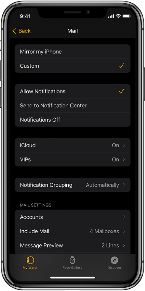 Mail settings in the Apple Watch app showing settings for notifications and email accounts.