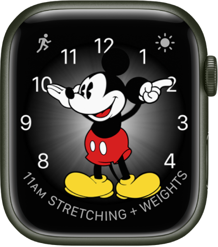 The Mickey Mouse watch face where you can add many complications. It shows three complications: Workout at the top left, Weather Conditions at the top right, and Calendar Schedule at the bottom.