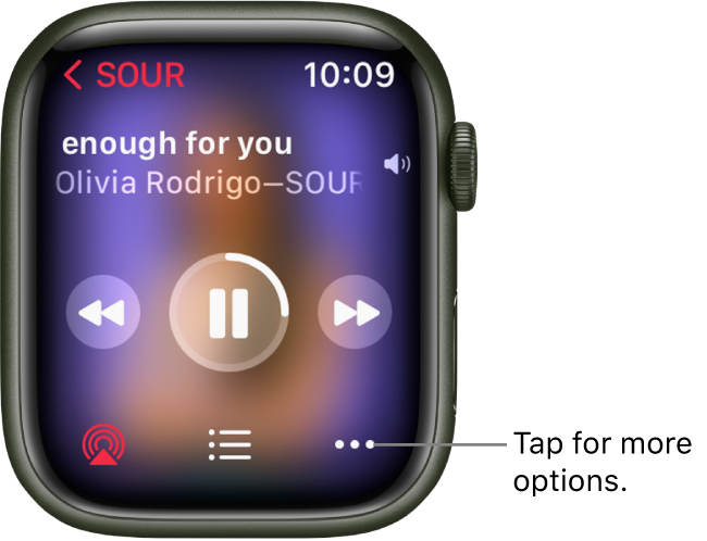 The Now Playing screen in the Music app. The album name is at the top left. Song title and artist appear at the top, play controls in the middle, and AirPlay, track list, and Options buttons are at the bottom.