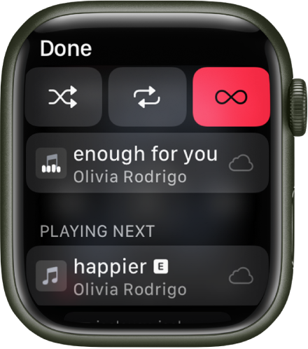 The tracklist window showing Shuffle, Repeat, and Auto Play buttons at the top, and one track directly below. Near the bottom, another track appears below Playing Next. A Done button is at the top left.