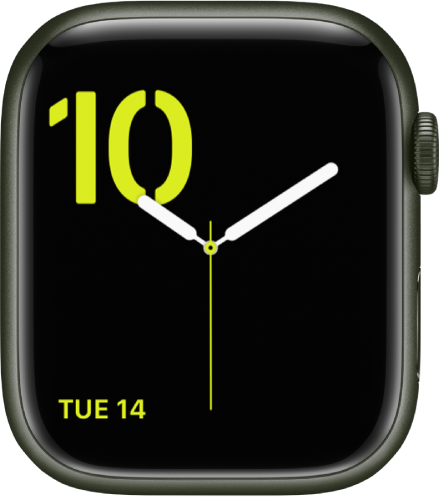 Numeral watch face showing the stencil typeface in green and a Calendar complication at the bottom left.