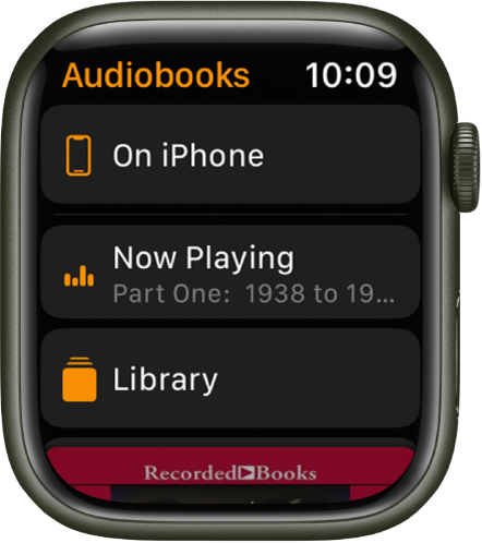 Apple Watch showing the Audiobooks screen with the On iPhone button at the top, the Now Playing and Library buttons below, and a portion of an audiobook’s cover art at the bottom.