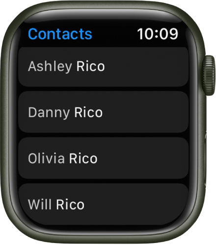 A list of contacts in the Contacts app.