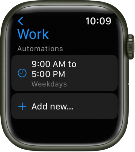 The Work Focus screen showing a schedule from 9 AM to 5 PM on weekdays. An Add new button is below.