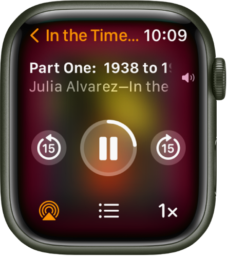 The Audiobooks Play screen with the audiobook title at the top, the chapter below, and playback controls below that.